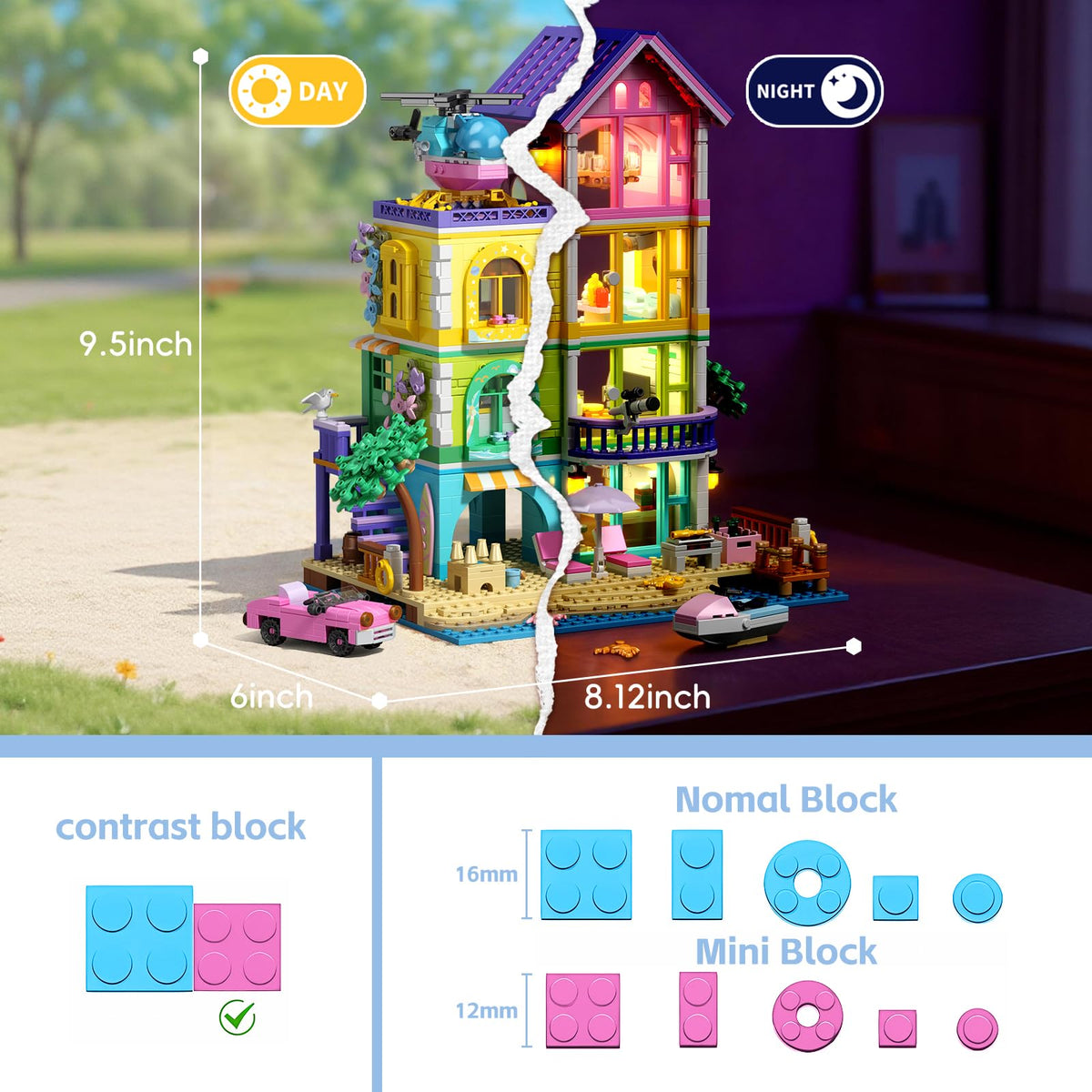 Beach House Building Set with Light, NO Compatible with Lego Friend House for Girls Age 8-12, 1346PCS Mini Bricks Seaside Villa, Creative Holiday Cottage Building Kits, for Girl 8-14