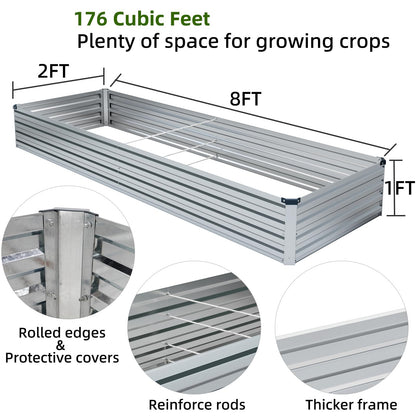 Meberam 2 Pack 8x2x1FT Galvanized Raised Garden Beds Kit Outdoor Metal Gardening Planter Box for Vegetable Elevated Flower Herbs,Silver