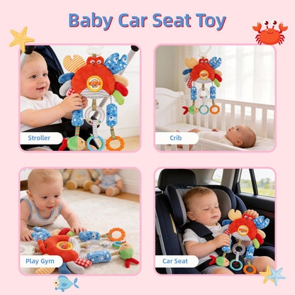 Baby Car Seat Toys with Clip- Travel Sensory Toys for 6 7 8 9 10 11 12 Months, Infant Roadtrip Soft Montessori Hanging Plush Toys Wind Chime, Teether, Rattle, Squeaky for Newborn Boy Girl Gifts
