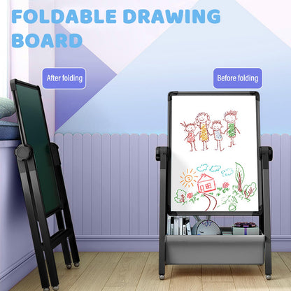 Art Easel for Kids, Double Sided Kids Easel Drawing Board, Whiteboard & Blackboard, 360°Rotating Adjustable(Black)