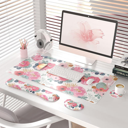 QiyI Leather Desk Mat Set, 4-in-1 Large Mouse Pad with Wrist Rest, Non-Slip Desk Pad + Keyboard Wrist Rest + Mouse Wrist Support + Coaster, Office Desk Accessories Home Decor Supplies, Pink Flowers