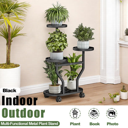 YIZAIJIA Plant Stand with Wheels 3 Tier Metal Plant Holder Corner Flower Shelf for Multiple Plants Display Rack for Bedroom Living Room Balcony Garden Black (Black, 3 Tier)