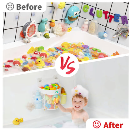 Austion Hanging Bath Toy Storage - Large Opening Quick Dry Mesh Bath Toy Holder with 2 Side Pockets and Bottom Zipper, Space-Saving Bath Toy Organizer for Kids Bathtubs - White