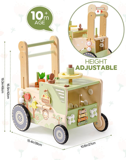ROBOTIME Wooden Baby Walker Push Toy for Toddlers, Baby Push Walker with Wheels, Farm-Themed Activity Center for Girls & Boys, Adjustable Speed Walker for Baby Learning to Walk