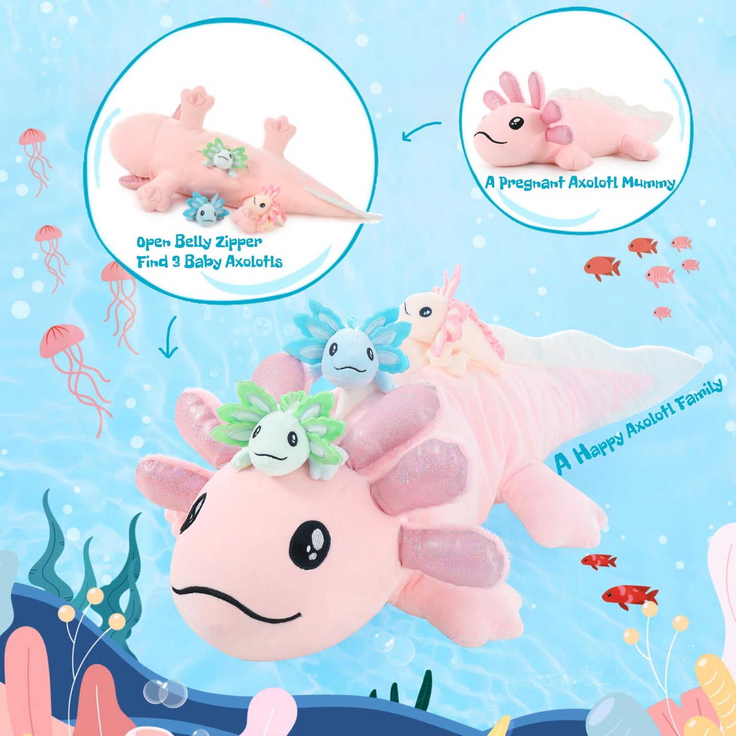 MaoGoLan Axolotl Plush with 3 Babies 33" Cute Stuffed Animals Salamander Plushies 4 PCS, Mom and Baby Plush Toy Set, Soft Axolotl Gifts for Girls Boys Kids Birthday Christmas