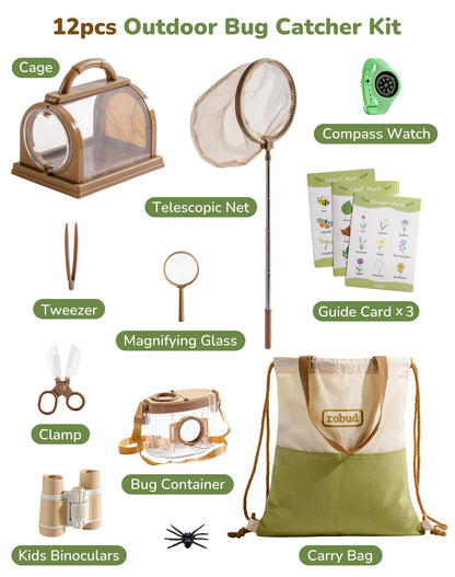 ROBUD Upgraded Kids Explorer Kit, Bug Catcher Kit with Wild Adventure Binoculars, Green Outdoor Exploration Set for Camping, Montessroi Toy for Kids Coming Closer to Nature，WRP30
