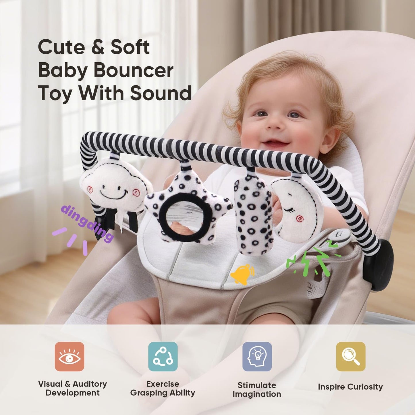 TinlyFinly Baby Bouncer Toy Bar Soft with 4 Hanging Sensory Toys Attachment, Compatible with Baby Bjorn Bouncer, with Mirror, Rattle, Crinkle Sound for Babies All Ages (Black and White Shapes)