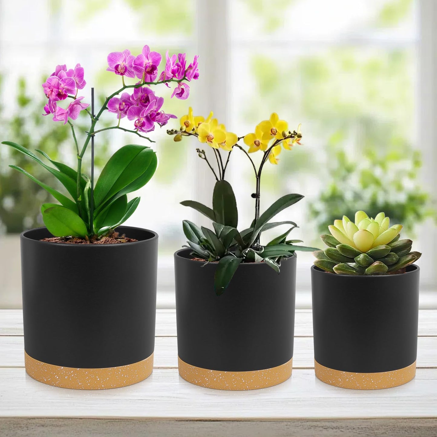 WSMKSZ 5 Pack Cylindrical Flower Pots with 7/6.5/6/5/4 inch, Modern Small Plastic Plant Pots with Drainage Holes & Saucers, Round Planter Pots for Outdoor, Indoor & Office Decor (Black Brown)