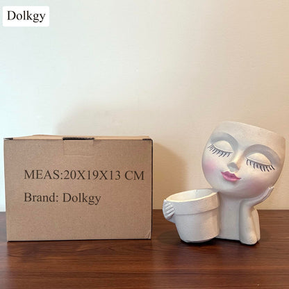 Head Planter Face Flower Pot, Dolkgy Woman Face Planter Unique White Head Planters for Indoor Outdoor Plants, Novelty Plant Pot Cute Lady Head Vase with Drainage Hole for Home Garden Succulents Cactus