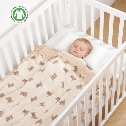 100% Organic Cotton Muslin Baby Blanket Flounce Edge Large 50"x43" Teddy Bear, Soft Breathable Toddler Quilt Crib Blankets Gender Neutral for Baby Boys and Girls Bassinet, Bed, Stroller & Snuggling