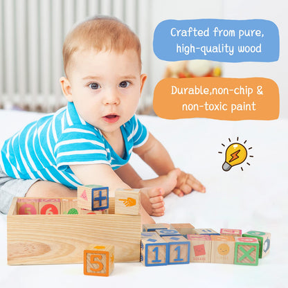 Joqutoys ABC Wooden Building Blocks for Toddlers 3 Large, 40 PCS Alphabet & Number Stacking Blocks with Storage Tray, Montessori Educational Learning Toys for Boys Girls Kids Gifts 1.65"