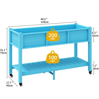 DWVO 47x18x31in Raised Garden Bed HDPE, Weather-Resistant Poly Wood Planter Box Stand, Planter Box with Legs, Storage Shelf & Lockable Wheels, Elevated Garden Bed for Backyard Patio - Aruba Blue