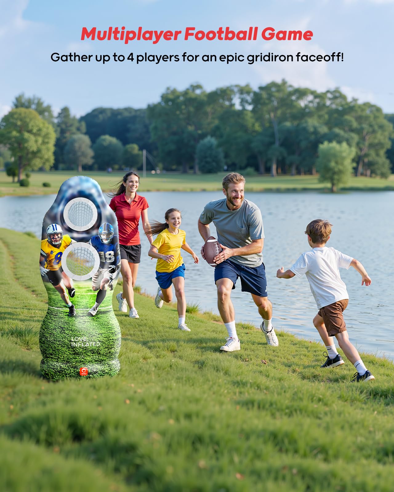 QPAU Life-Size Inflatable Football Target with Dual-Hole & Water-Filled Base - Includes 4 Balls, 2 Pumps & Dry Erase Scoreboard - Heavy Duty Outdoor Backyard Sports Toss Games for Kids, Teens & Adults