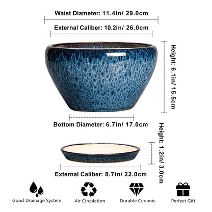 Ceramicfor Ceramic Planter 11 Inch - Ceramic Pots for Plants Indoor Outdoor, Large Plant Pot with Drainage Hole and Saucer, Decorative Round Planter, Plant Lover Gifts, Garden Decor, Blue