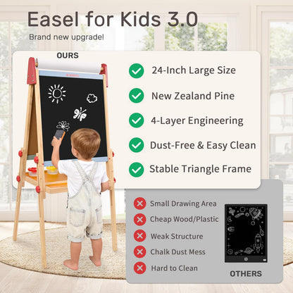 WINGYZ 3-in-1 Art Easel for Kids – Sturdy Pine Wood Easel with Magnetic Whiteboard, Chalkboard & 400" Paper Roll, Foldable Adjustable Heights for Ages 2-12, Complete Tool-Free Art Station
