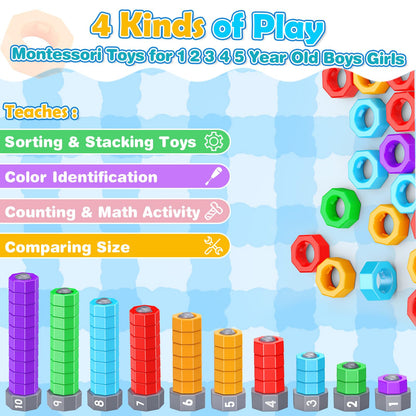 2-in-1 Montessori Counting & Stacking Toys for Toddlers Ages 1-5 Autism Sensory Toys for Kids Preschool Educational Spinning Learning Games Birthday Xmas Gifts for Boys Girls 1-5 Year Old