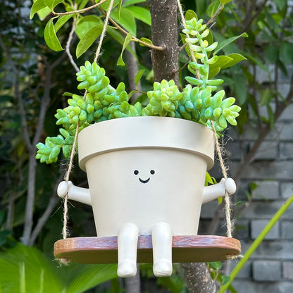 Hanging Planter Swing Face Plant Pot - Cute Resin Head Planters with Drainage Hole Indoor Outdoor Plant Holder, Succulent/String of Pearls Flower Pots, Unique Sitting Sway Pots, Gift Ideas for Mother