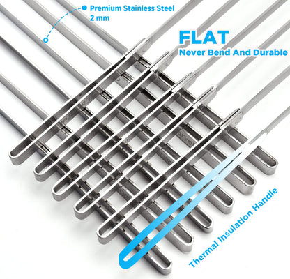 Carvefun Innovative Thermal Insulation Handle BBQ Skewers Set - 6 Stainless Steel Wide BBQ Kebob Sticks For Grill - Flat Metal With 1 Food Remover Bar - 16.7' Inch Metal Kabob Skewers