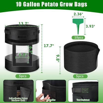5 Pack 10 Gallon 360° Visible Potato Grow Bags with Shading Flap & Harvest Window – Heavy Duty 400g Non-Woven Fabric Potato Bags for Growing Potatoes with 10 Green Labels, Potato Growing Containers