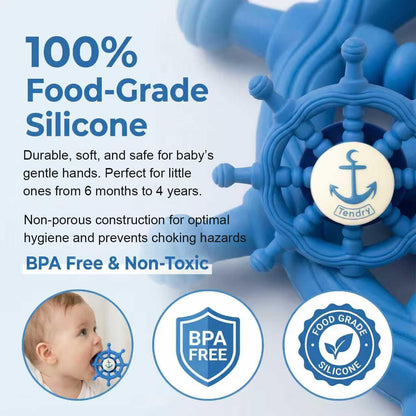 Baby Suction Spinner Toys for Bathtub, Silicone Toddler Bath & High Chair Toys for 1 Year Old Boy/Girl Birthday Gift, Interactive Ship Steering Wheel InfantToy for Car Window Travel-Blue