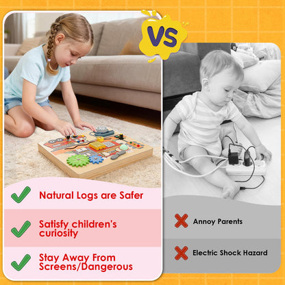 Wdmiya Montessori Busy Board for Toddlers 2-4, Fire Truck Activity Board with LED Lights & Sounds, Wooden Sensory Learning Toy with Rotary Phone, Helicopter & Gears, for 2 3 4 Year Old Boys Girls Gift