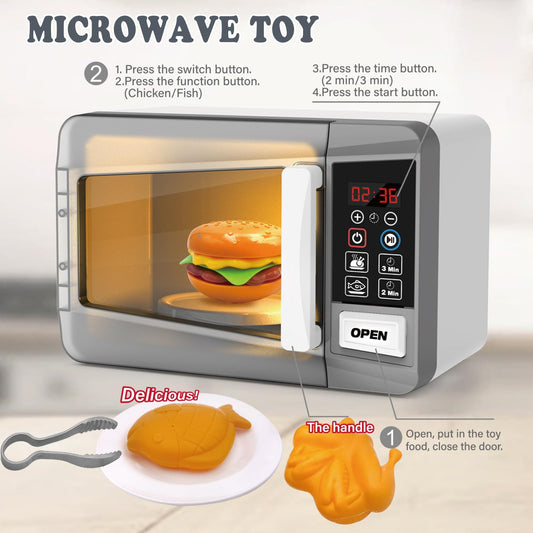 Microwave Oven Toy Kids Kitchen Playset High Simulation Accessories Ornaments Pretend Play Appliance Set for Toddlers, Cookware Toy Set for Girls Boys Birthday Gifts