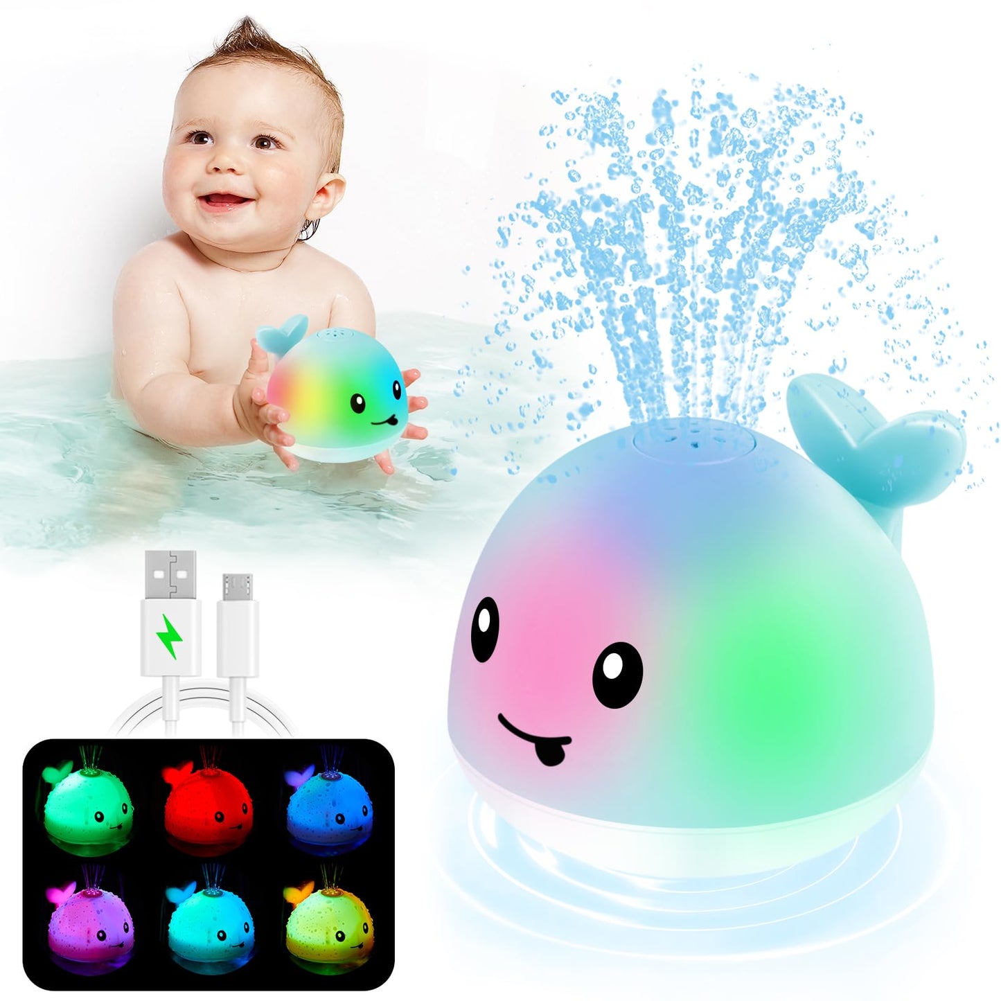 ANGGIKO Baby Boy Bath Toys, Pool Water Table Toy for Babies 1 Year Old Boy Gifts, Toddler Bath Toys for Kids Ages 1-3, Light Up Whale Bath Toy Sprinkler Summer Bathtub Fountain Baby Toy 6-12-18 Months