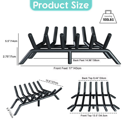 jkxoo 17-Inch Fireplace Grate, Heavy Duty 6-Bar Log Rack Holder Made of Solid Round Steel for Indoor/Outdoor Fire Pits, Wood Stoves & Kindling Tools