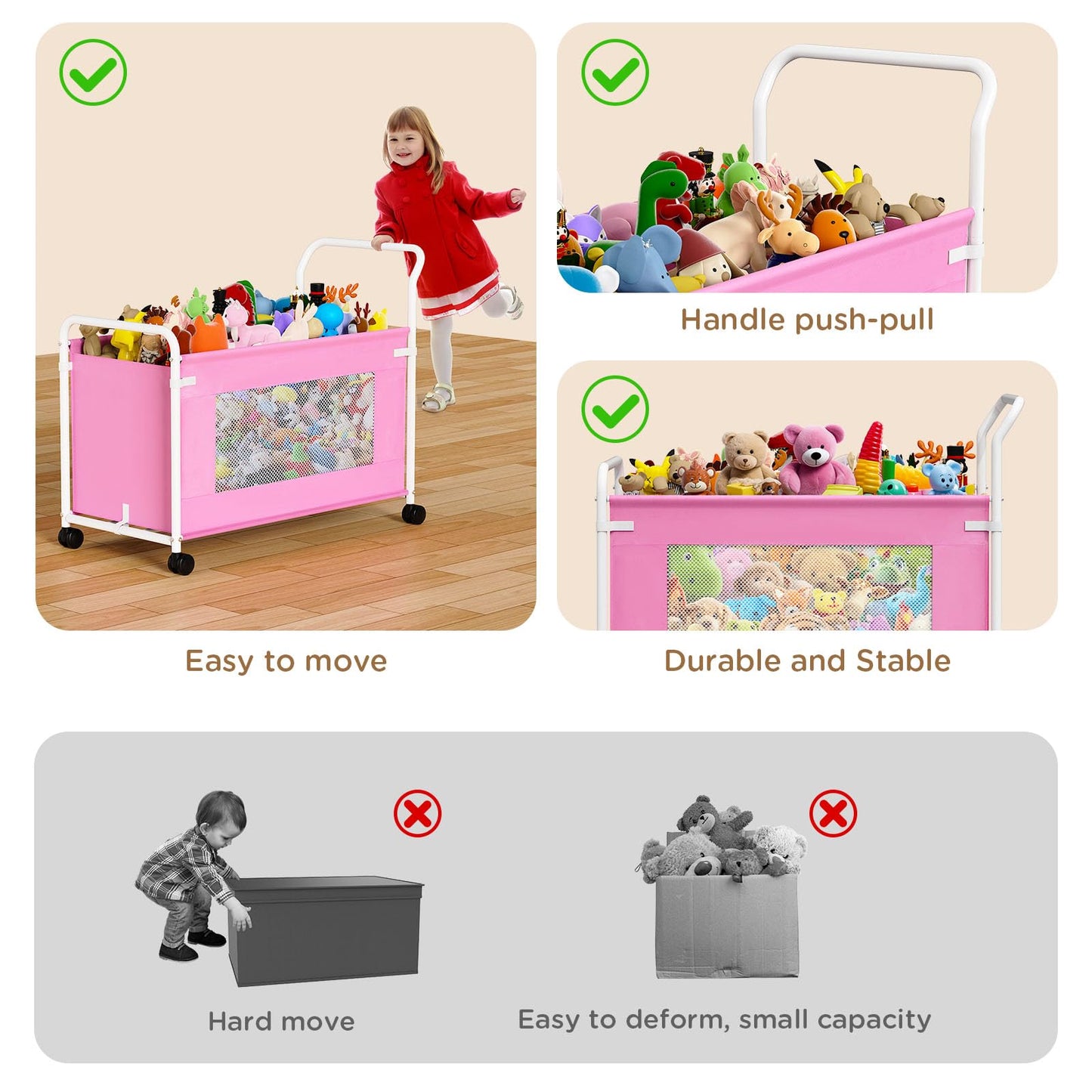 KEEGH Extra Large Toy Box for Kids with 360° Rotating Wheels, Heavy Duty Toy Chest for Boys and Girls, Toy Storage Organizer for Kids, Toy Bins for Living Room, Nursery, Bedroom (Pink)