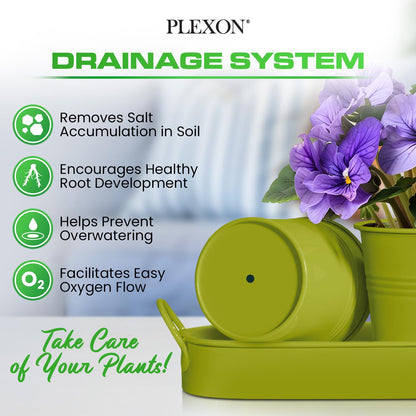 Plexon Herb Planter Indoor Garden Set of 3 with Tray, Metal Herb Pots for Indoor Plants, Round Kitchen Garden Kit Ideal for Windowsill Planter or Countertop, Green Powder Coated