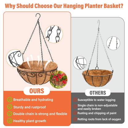 Legigo 3 Pack 10 Inch Metal Hanging Baskets for Plants Outdoor- Round Wire Hanging Planters Basket with Coconut Coir Liner, Hanging Flower Pot for Outdoor Plants Flowers Garden Decorations