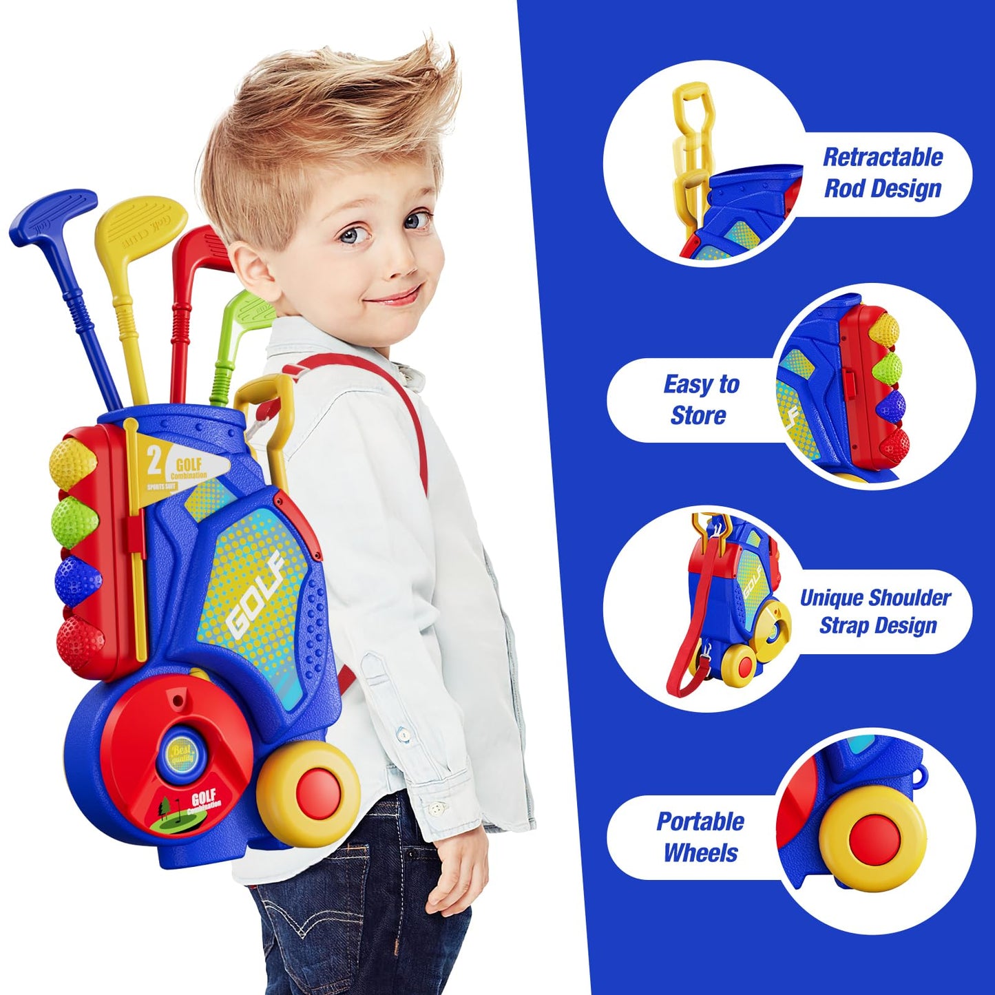 HYES Toddler Golf Set 2-4 Years, Kids Golf Club with 8 Balls, 4 Plastic Clubs, Putting Mat, Scoreboard, Storage Bag, Indoor Outdoor Game with Golf Cart Sport Toy Gift for Baby Boys Girls Age 3-5, Blue