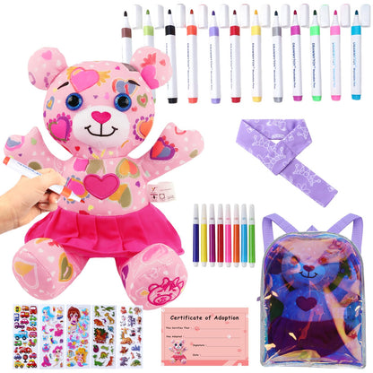 DRAWMYTOY Stuffed Animal Coloring Plush Toy Bear with 20 Washable Markers Laser Holographic Backpack Road Trip Car Game Writing Painting Set for Girls Doodle Dolls Kids Ages 3-6 Birthday (Pink Bear)