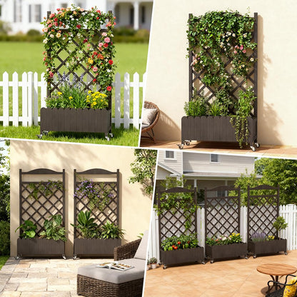 COMHOMA 2 Pack Raised Garden Bed with Trellis and Wheels,48Inch Elevated Planter Box with Drainage Holes,Lattice Privacy Screen for Climbing Plants Vegetables,Outdoor for Patio Balcony Yard,Brown