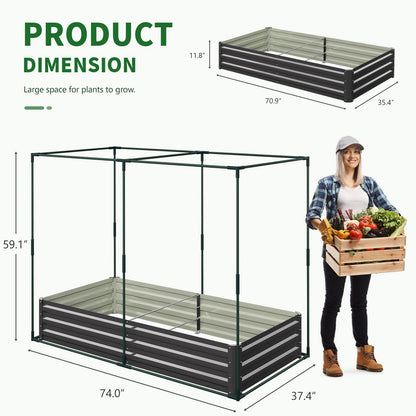 UrGROWA Galvanized Raised Garden Bed with Crop Cage Plant Protection Net Tent Kit for Garden Plant, 71"x35.4"x 59" Plants Protection Tent Cage Metal Planter Box Bottomless Planting Vegetables Outdoor