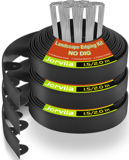 Jorvila Landscape Edging, 1.5" x 100' Plastic Garden Edging with 120 Pcs Metal Spikes, Flexible Garden Border for Lawn, Landscaping, Flower Beds