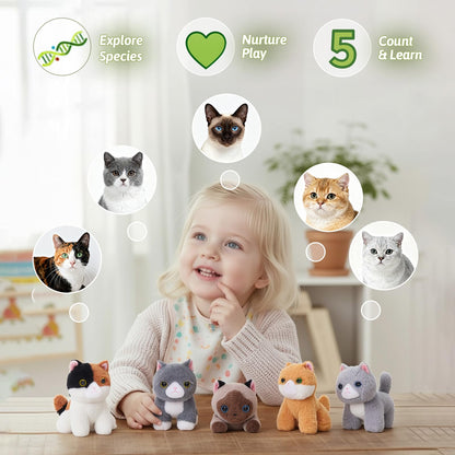 OUOZZZ Cat Stuffed Animal House – Plush Kitten Toy Set with 5 Soft Cats – Interactive & Travel-Friendly Kitties Carrier Playset for Toddlers & Kids – Huggable, Portable Birthday Gift for Baby Girls