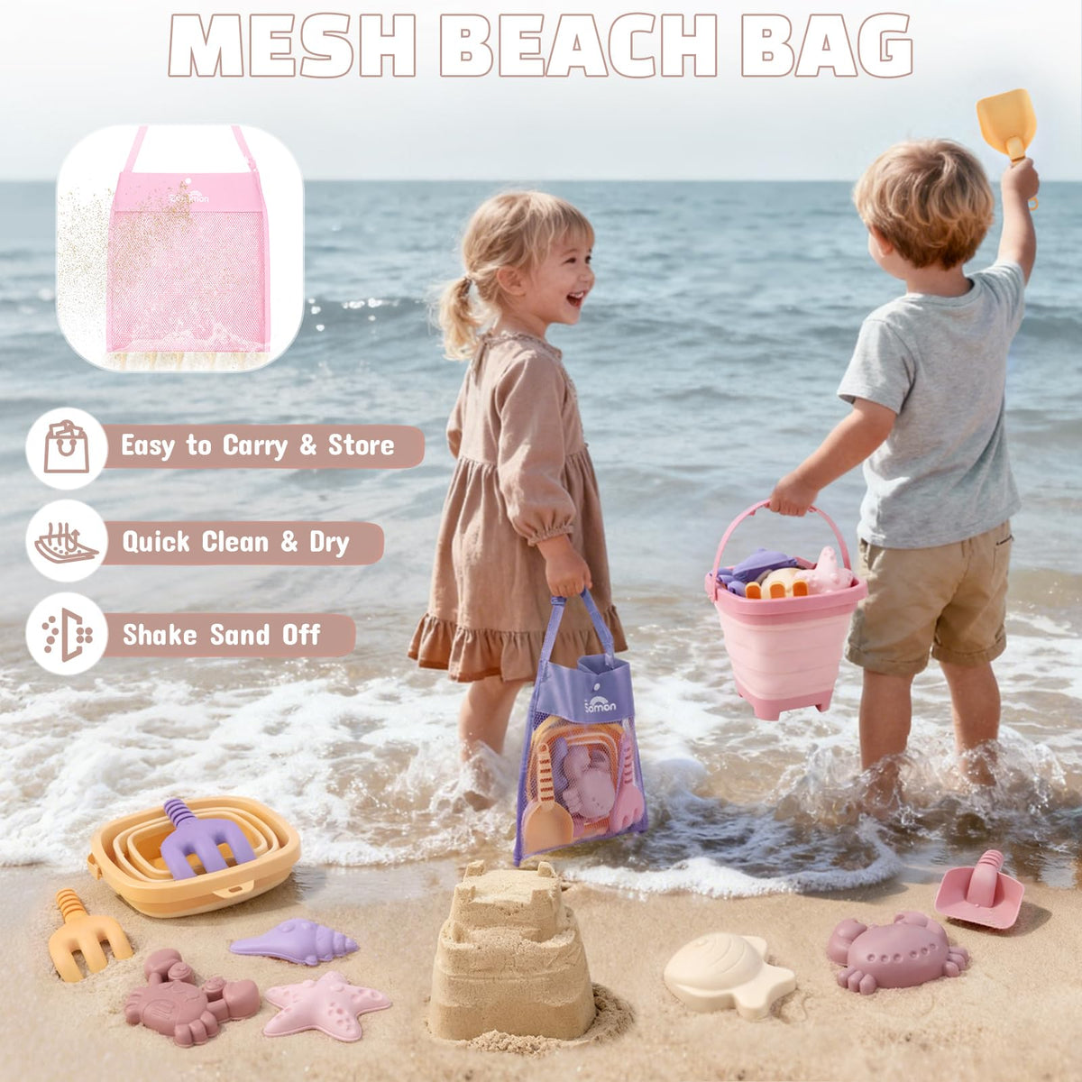 3 Pack Beach Toys Set for Kids Toddlers Girls, Collapsible Sand Buckets with Beach Molds and Mesh Bag, Sandbox Travel Toys Beach Vacation Essentials, Camping Gear, Fishing (Purple/Pink/Yellow)