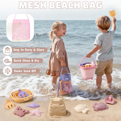 3 Pack Beach Toys Set for Kids Toddlers Girls, Collapsible Sand Buckets with Beach Molds and Mesh Bag, Sandbox Travel Toys Beach Vacation Essentials, Camping Gear, Fishing (Purple/Pink/Yellow)