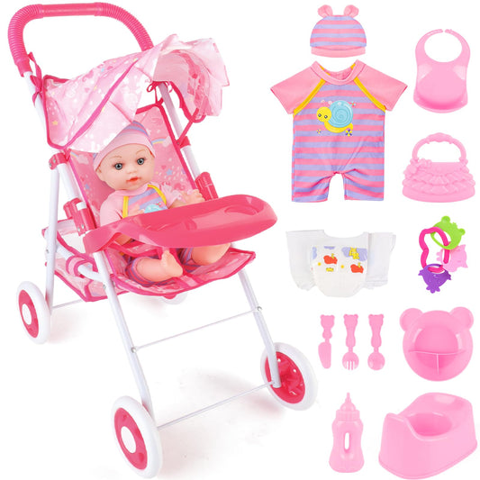 deAO Baby Doll Stroller 12" Baby Doll Set with Foldable Stroller 15 PCS Accessories for Toddlers 3-5 Christmas Birthday Gifts
