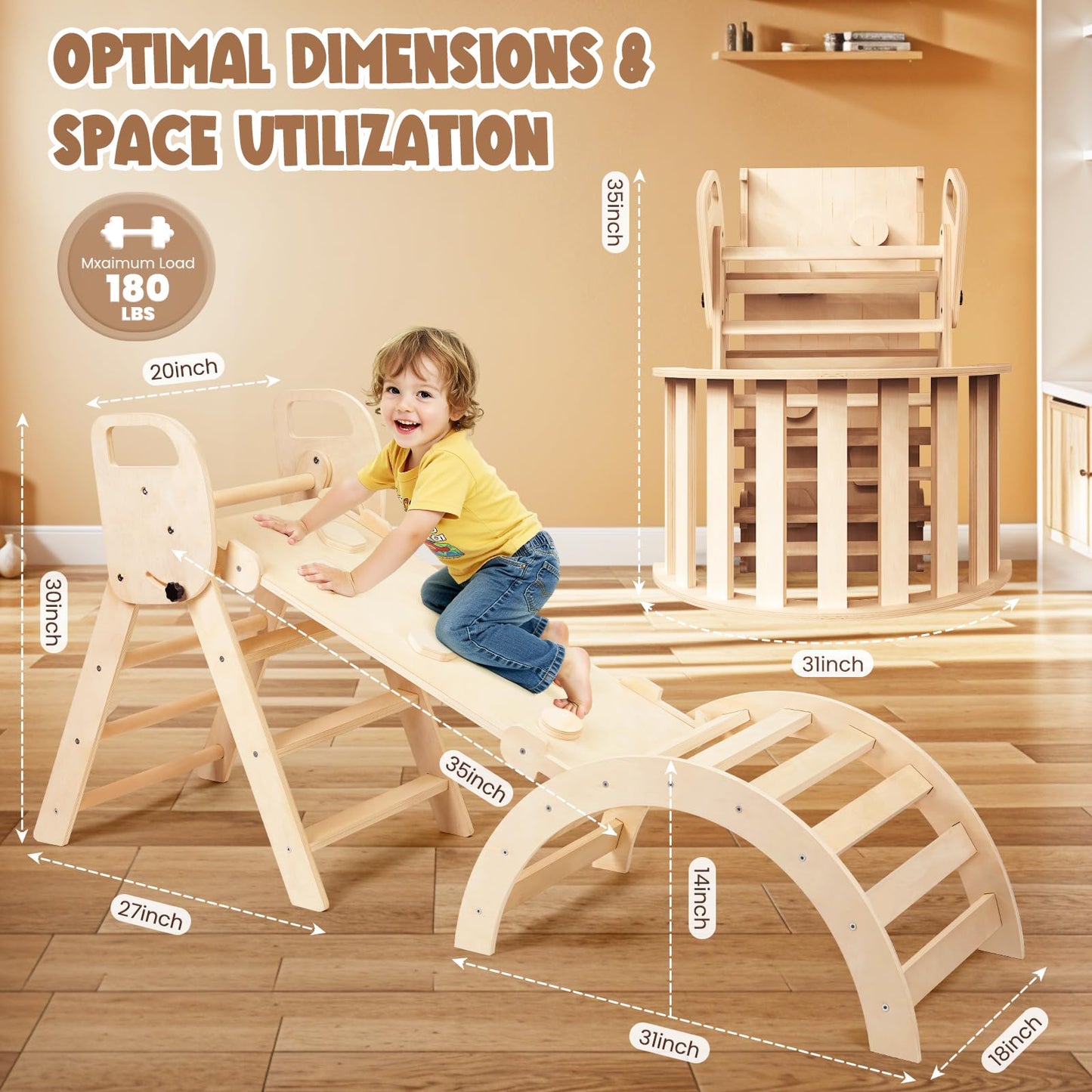 Norbee Pikler Triangle Set Foldable Wooden Toddler Climbing Toys Indoor, Playground Jungle Gym for Kids, Montessori Climbing Set for Toddlers