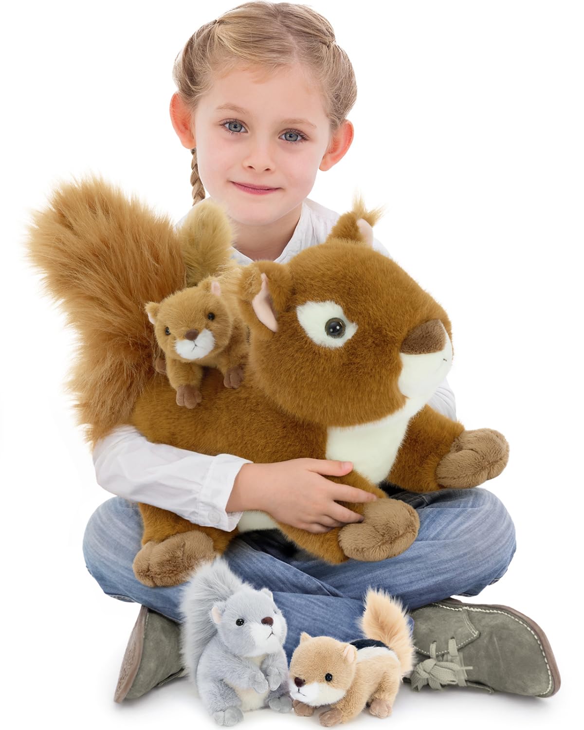 MaoGoLan 4Pcs Squirrels Stuffed Animal, Realistic Red Squirrel Plush Toys with 3 Baby Squirrels for Small Hand,Adorable Stuffed Squirrels Gift for Forest Animal Lover,Girls,Boys,Kids,Baby Shower