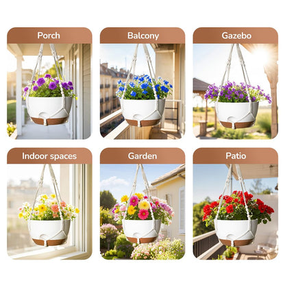 LESOASIS 12 Inch Hanging Baskets for Plants Outdoor, Hanging Planters for Indoor Outdoor Plants, Hanging Planter with Self Watering, Hanging Flower Pots (White Planter with Macrame + Iron Hangers)