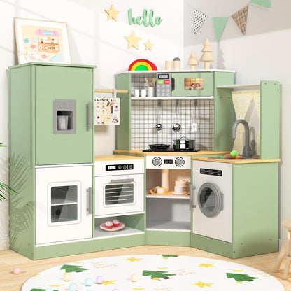 Babytronic Corner Wooden Play Kitchen Set for Kids w/Lights & Sounds, Pretend Play Kitchen Playset with Stove, Microwave, Ice Maker & Accessories, Perfect for Toddlers & Multiple Children (Green)
