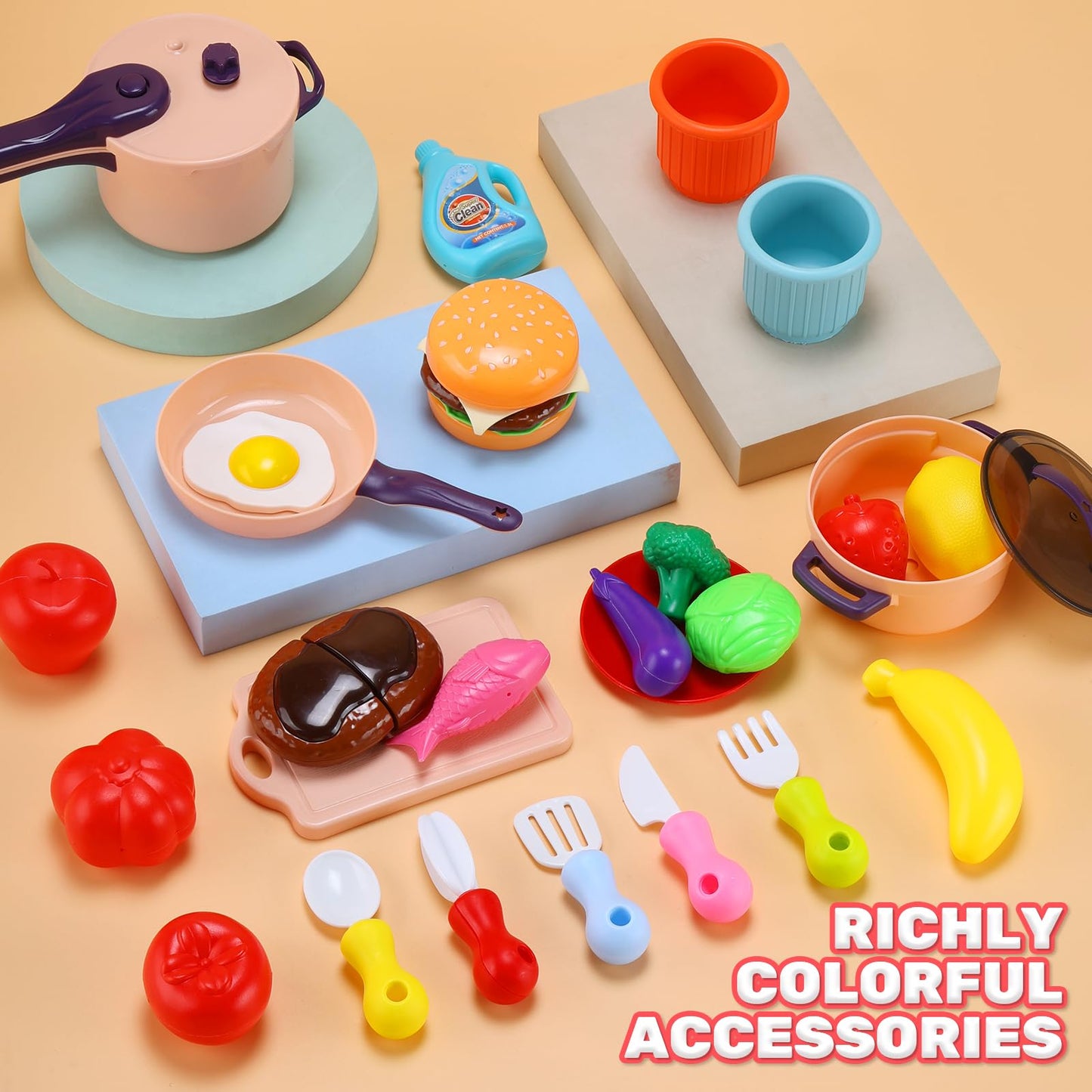 HOLYFUN Play Kitchen Sink with Running Water, Water Table Toy, Sink Toy with Functional Faucet, Play Food, Pots & Pans Kitchen Accessories, Realistic Pretend Play Gift Set for Toddlers and Kids (Pink)