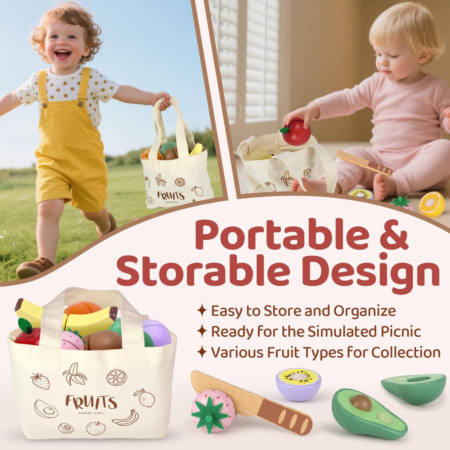 Play Food Sets for Kids Kitchen Wooden Food Toys for 3 Year Old Girl Boy Toddler Cutting Pretend Play Set Learning Toys Birthday Gift 1 2 3 Year Old Fruits