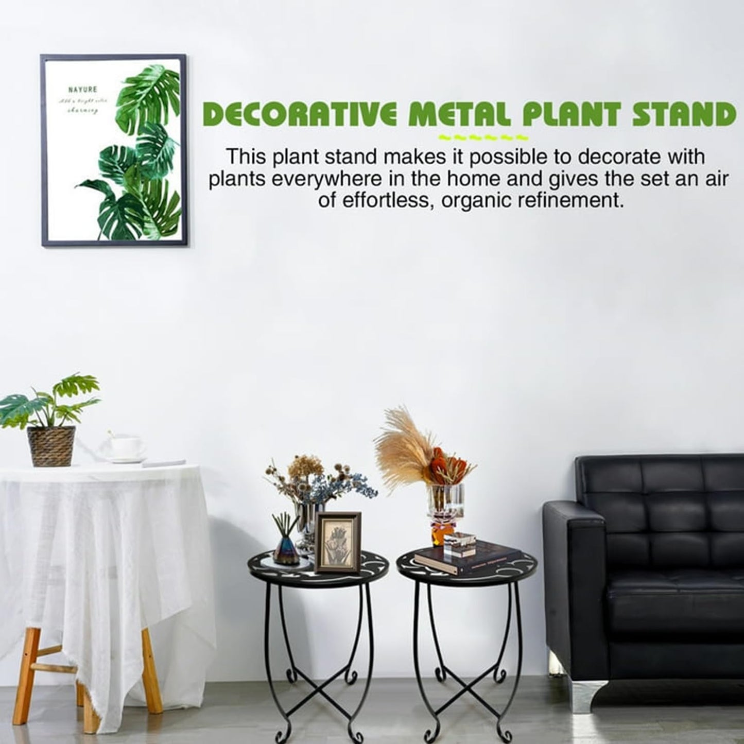 Kaesithar 2 Pack 15 Inch Tall Plant Stands Outdoor Indoor, Metal Side Tables for Patio, Weather Resistant Flower Pot Racks with Swirl Pattern, Black End Table Set for Garden Balcony