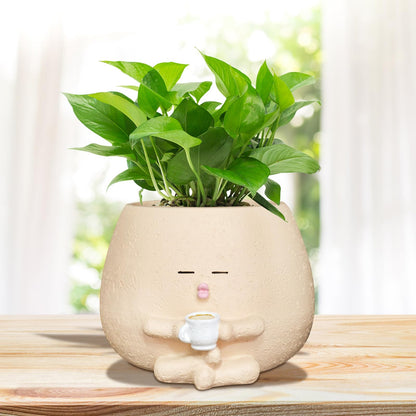 Toparad Smily Face Planter Pot with Coffee Cup Cute Resin Flower Head Planters for Indoor Outdoor Unique Sit Succulent Pots with Drainage Hole Gift IdeaI for Mother Christmas (Khaki)