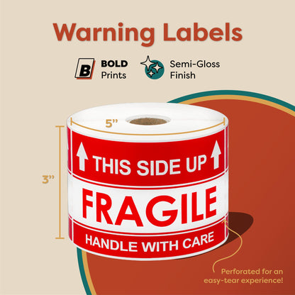 Aegis Adhesives - 3" X 5" This Side Up Arrow - Handle with Care (1 Roll, 500/Roll) Warning Shipping Labels