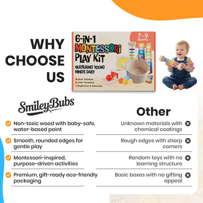SmileyBubs Montessori Baby Toys 7–9 Months, Developmental Tools for 7+ Month Babies, Baby Sensory Toys - A Sliding Box, Mirror Puzzle, Stacking Cups, Treasure Basket, Rain Stick, Animal Flashcards